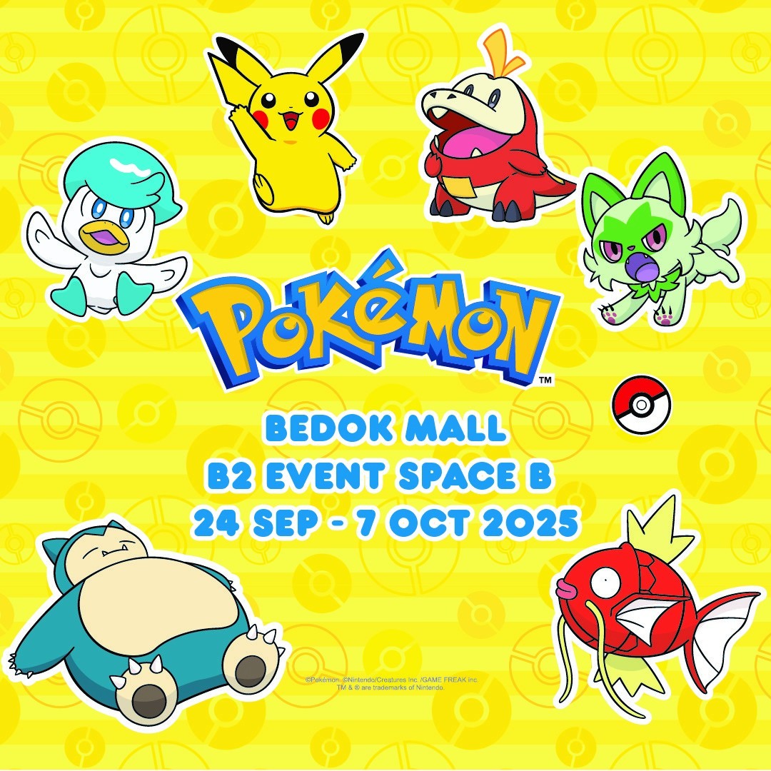 Vibrant display of Pokémon merchandise, including T-shirts, figures, and bags, at Bedok Mall B2 Atrium.