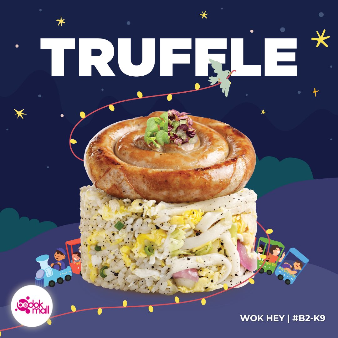 WOK HEY's Truffle Edition dish featuring chicken bratwurst, noodles or rice, and minigreens, garnished with fresh greens