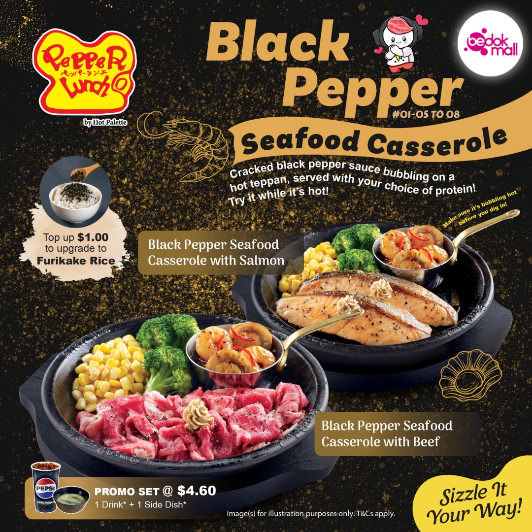 Pepper Lunch's Black Pepper Seafood Casserole sizzling on a hot teppan