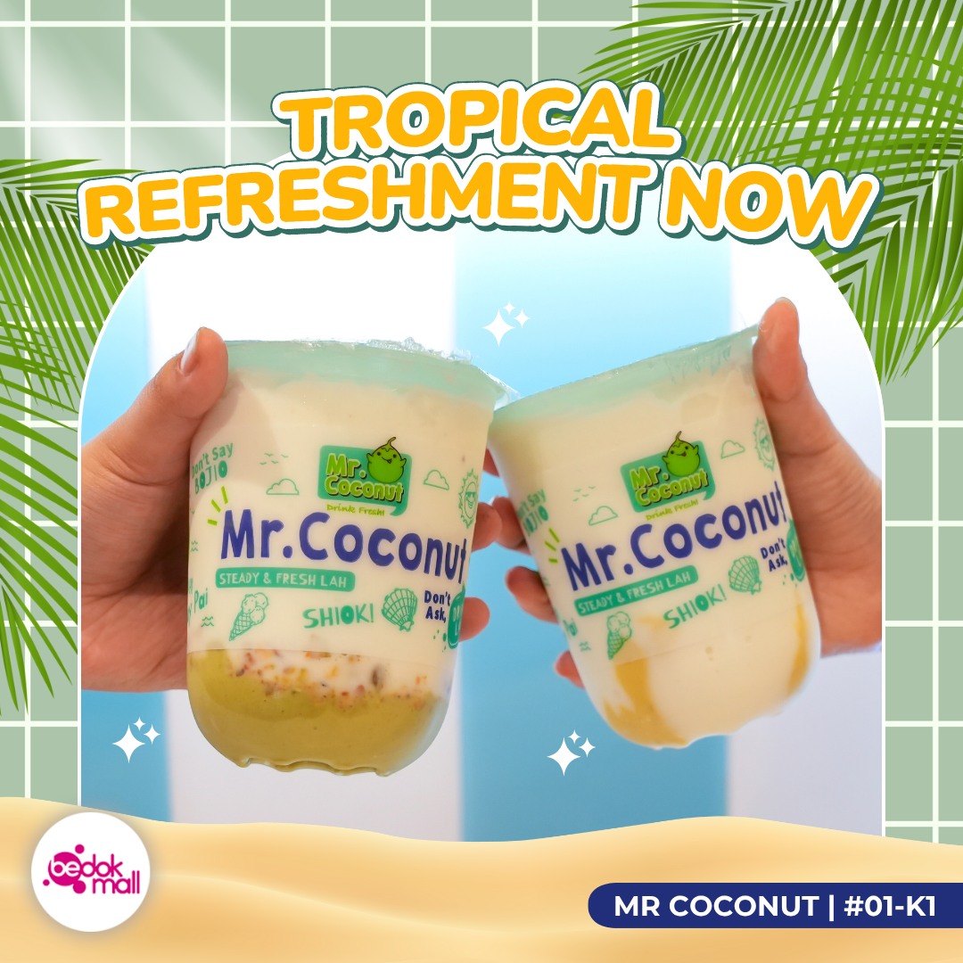 Mr Coconut Singapore's Mao Shan Wang and Pistachio Shakes, a blend of tropical and nutty flavors.