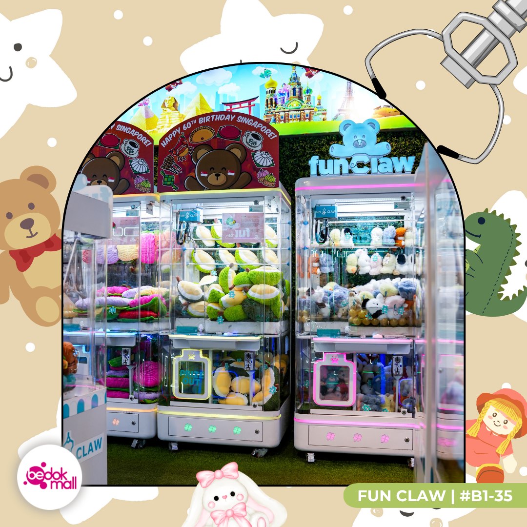 A colorful collection of soft plush toys waiting to be caught inside a Fun Claw machine.