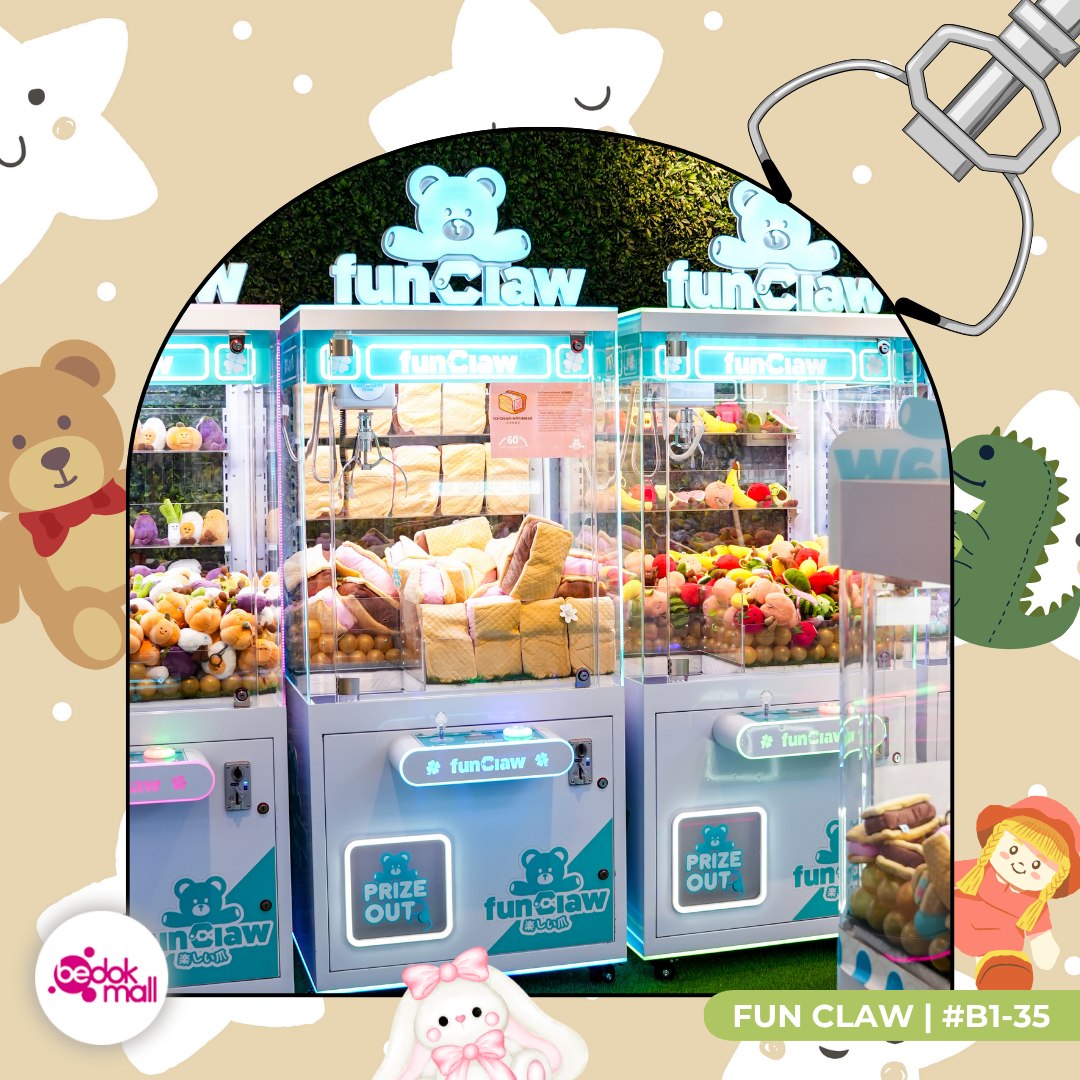 The vibrant and inviting interior of Fun Claw at Bedok Mall, featuring multiple claw machines.