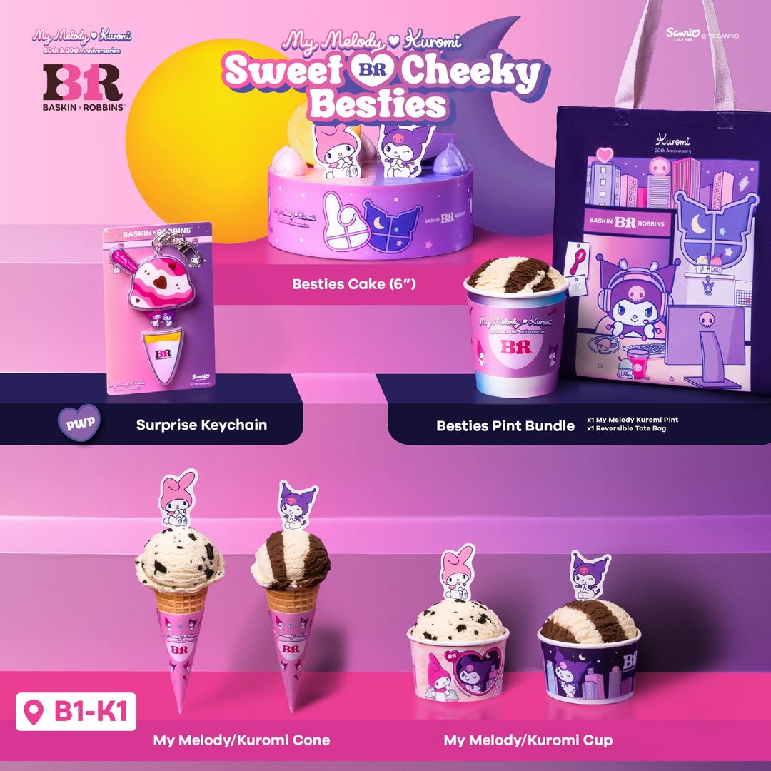 My Melody and Kuromi themed desserts and merchandise on display